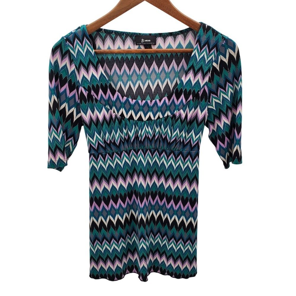 B-Wear Womens Multicolor Tie Back Blouse Top Large L Half Sleeve Geometric Print
